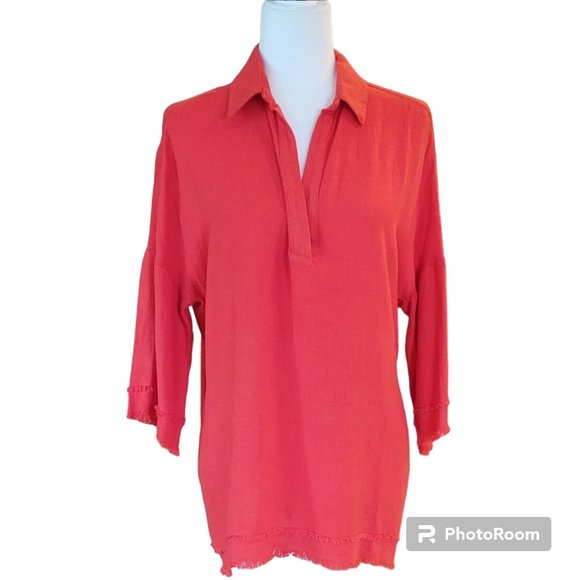 Umgee Tomato Red Linen Blend Over-Sized Boho Tunic with Frayed Hem - Picture 2 of 9